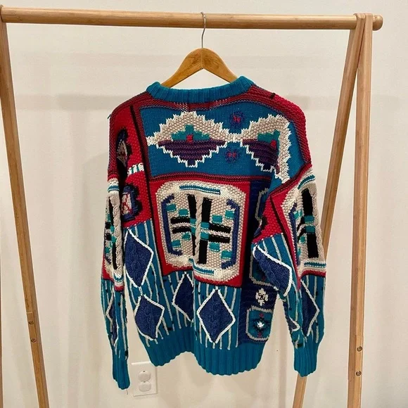 Vintage Southwestern Chunky Textured Abstract Geo Patterned Crewneck Sweater - Picture 4 of 6